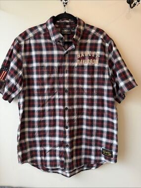 Harley-Davidson Plaid Short Sleeve Button-Up Shirt embroidered patchwork soft L